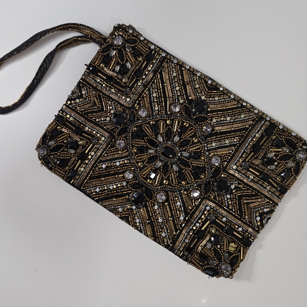 Chico's Black and Gold Beaded Wristlet Clutch